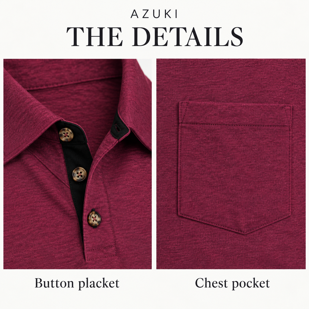 AZUKI Men's Short Sleeve Pocket Polo Shirt design details