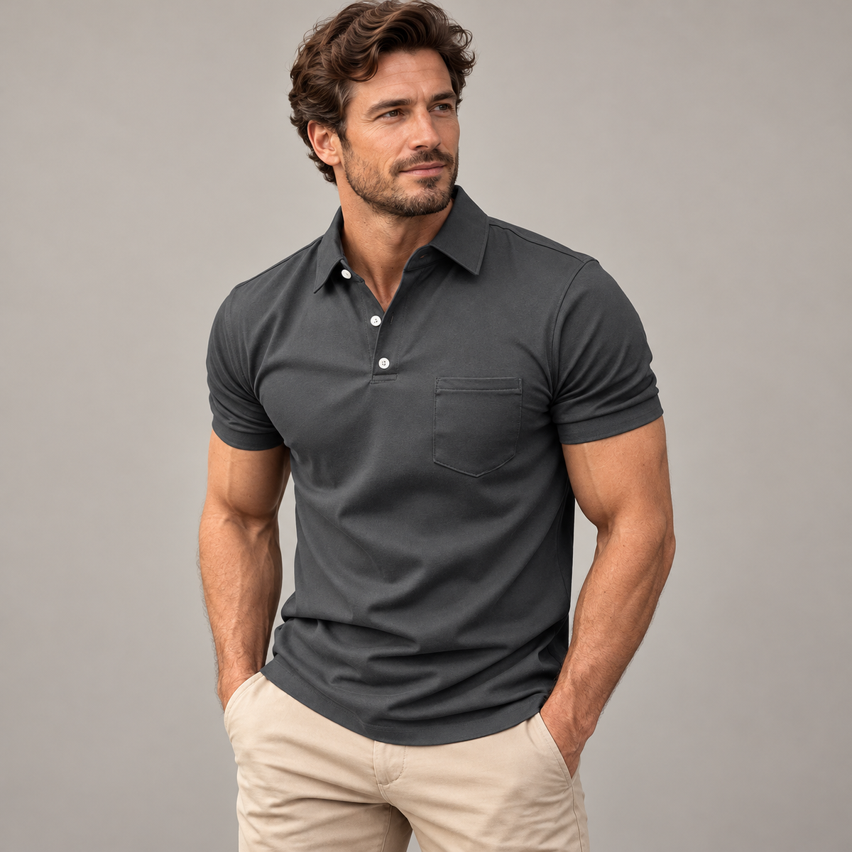AZUKI Men's Short Sleeve Button-Placket Pocket Polo Shirt main image
