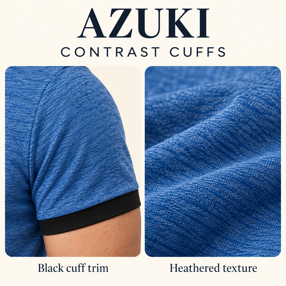 AZUKI Men's Heathered Polo Shirt with Contrast Cuffs design details