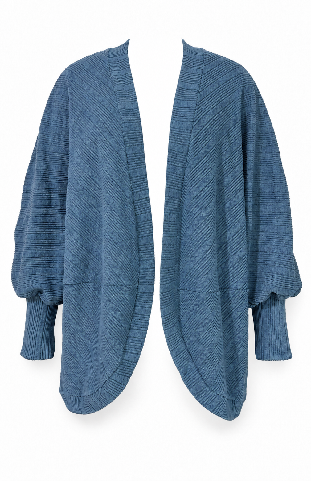 AZUKI dusty blue open-front batwing cardigan, As Shown garment reference; AI-assisted mannequin-removal edit