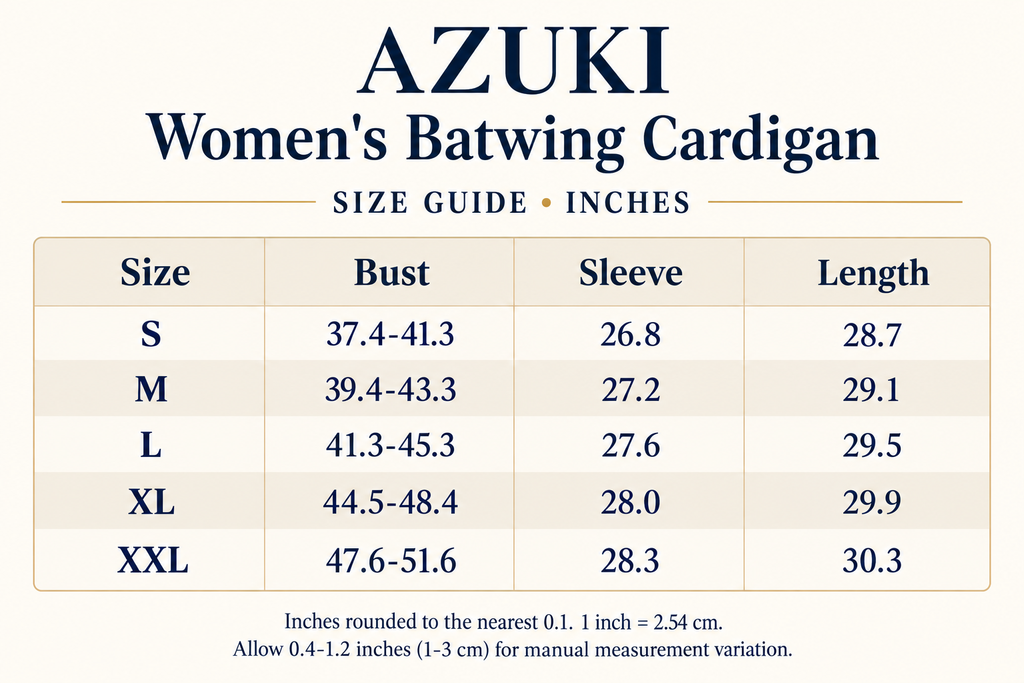 AZUKI Women's Batwing Cardigan English size guide in inches