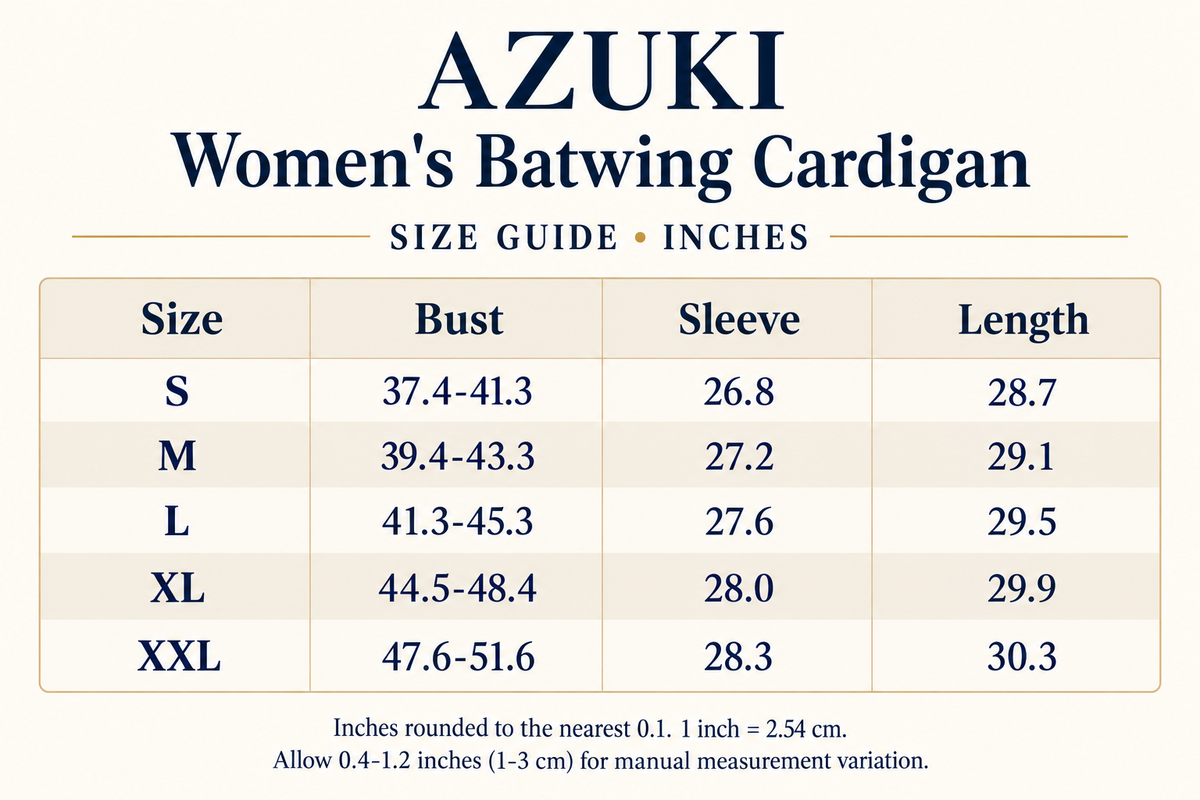 AZUKI Women's Batwing Cardigan English size guide in inches
