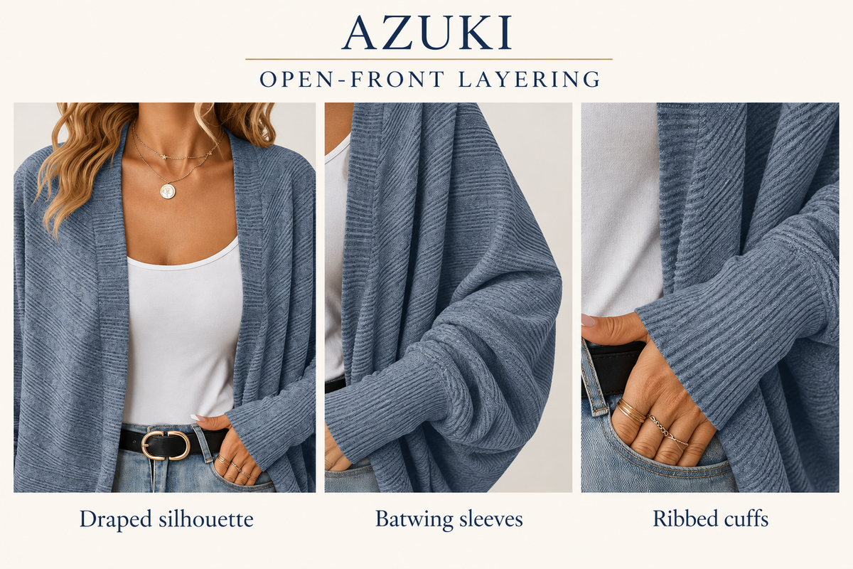 AZUKI Women's Batwing Cardigan design detail close-ups