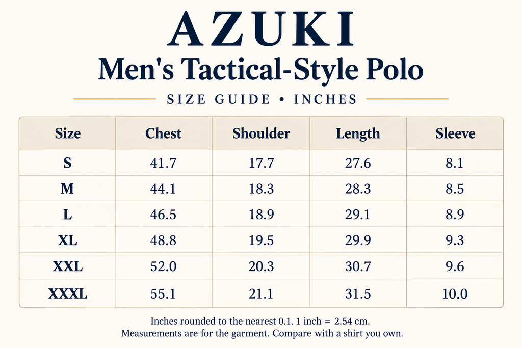 AZUKI Men's Tactical-Style Polo English size guide in inches