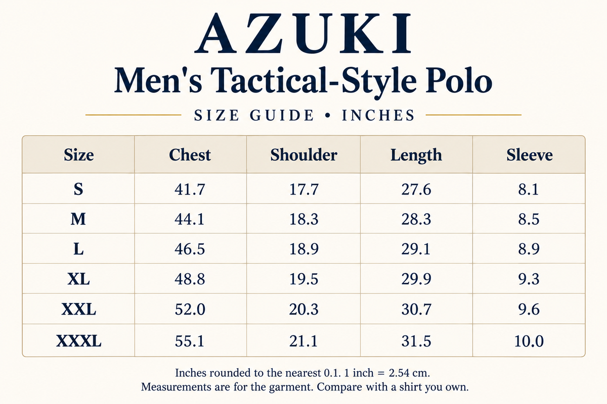 AZUKI Men's Tactical-Style Polo English size guide in inches
