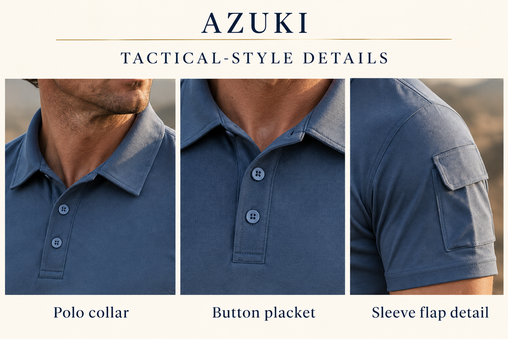 AZUKI Men's Tactical-Style Polo design detail close-ups