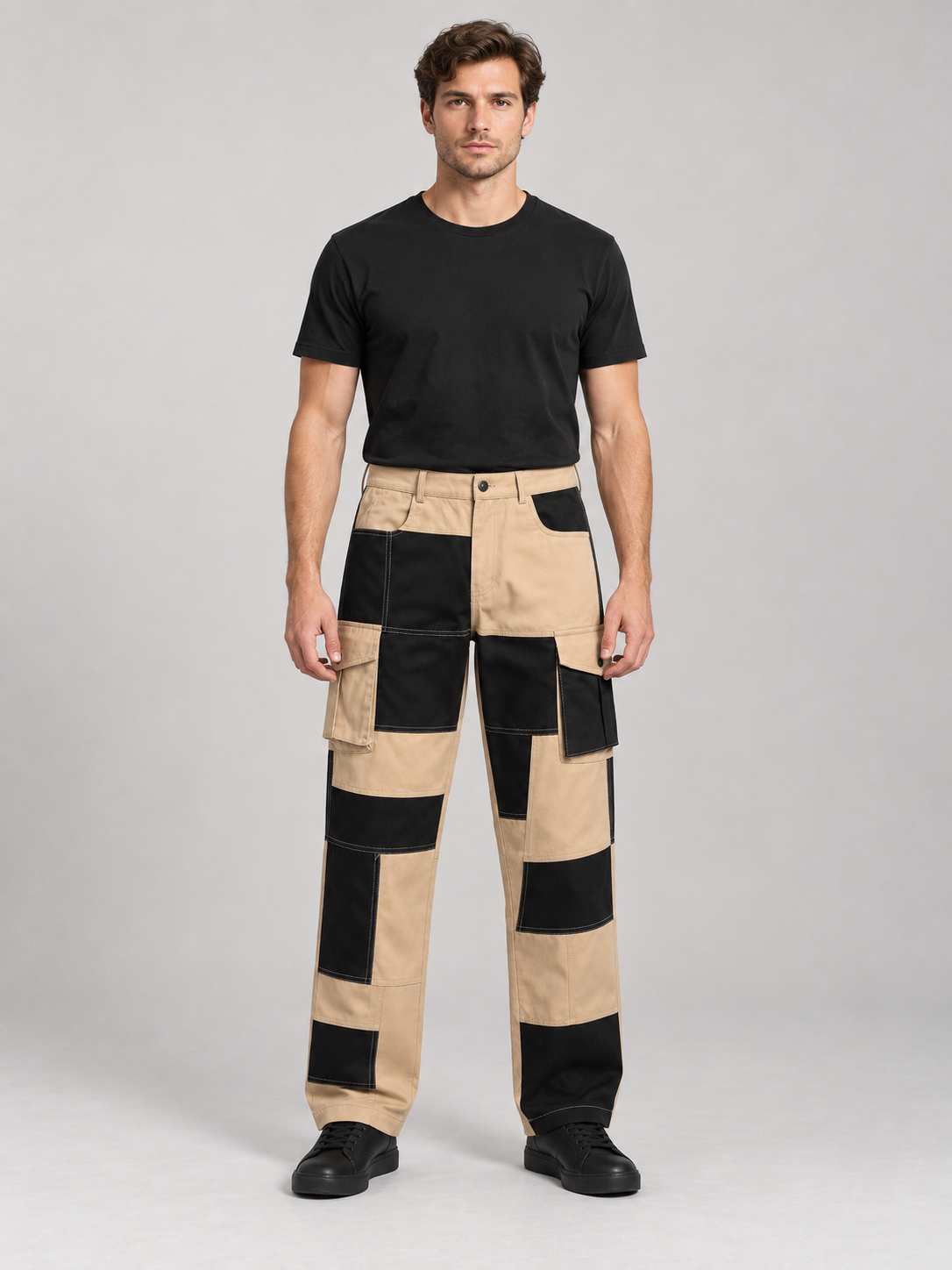 AZUKI khaki and black colorblock straight-leg cargo pants worn by an adult male model, front view