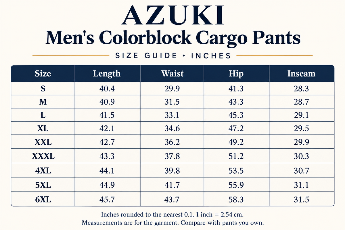 AZUKI Men's Colorblock Cargo Pants English size guide in inches