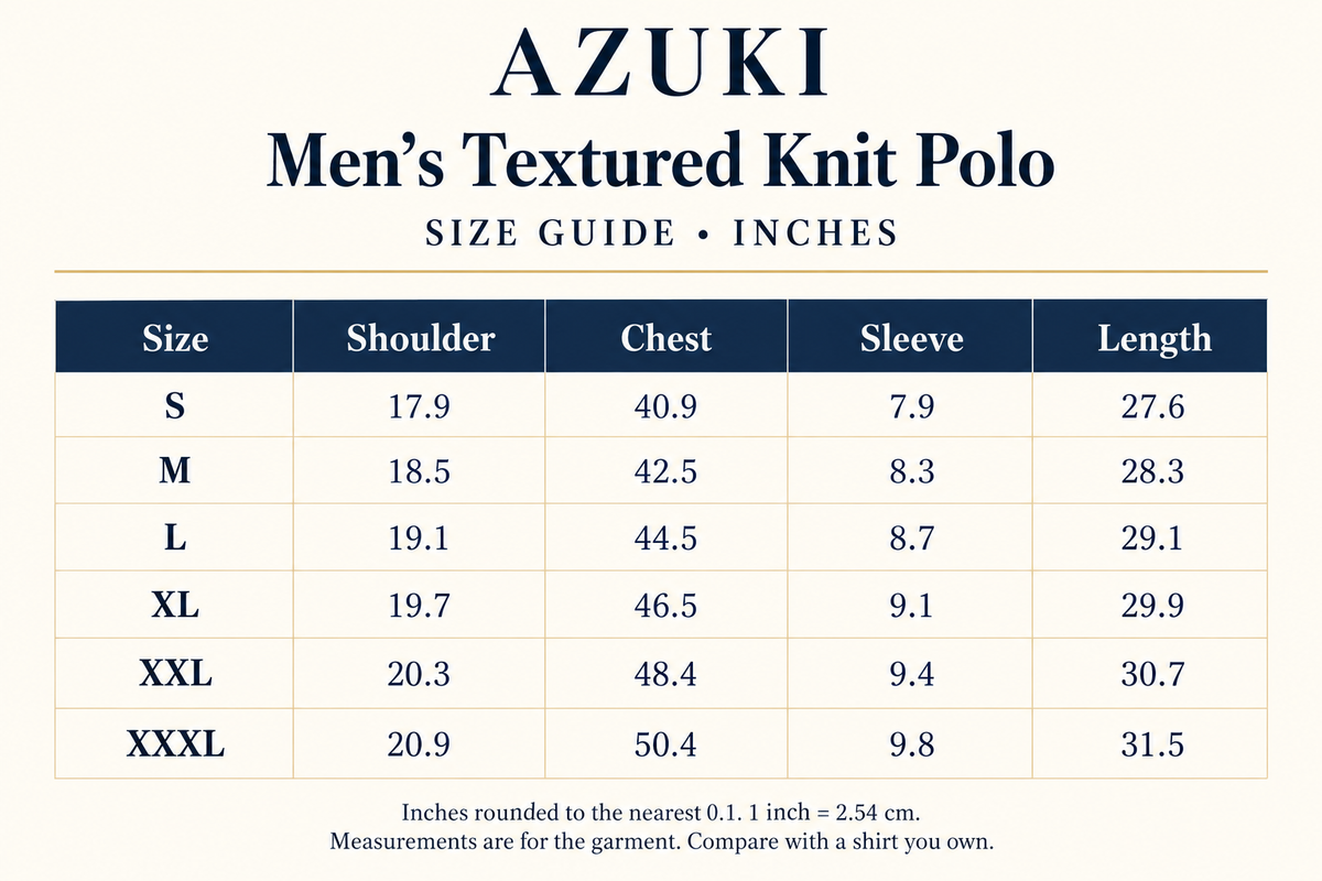 AZUKI Men's Textured Knit Polo English size guide in inches