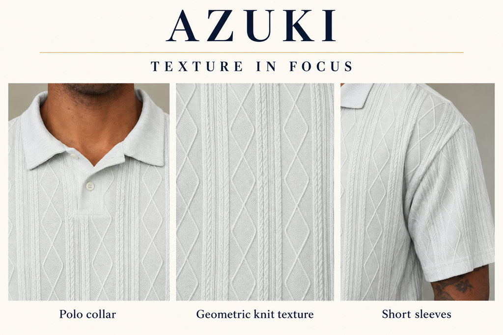 AZUKI Men's Textured Knit Polo design detail close-ups