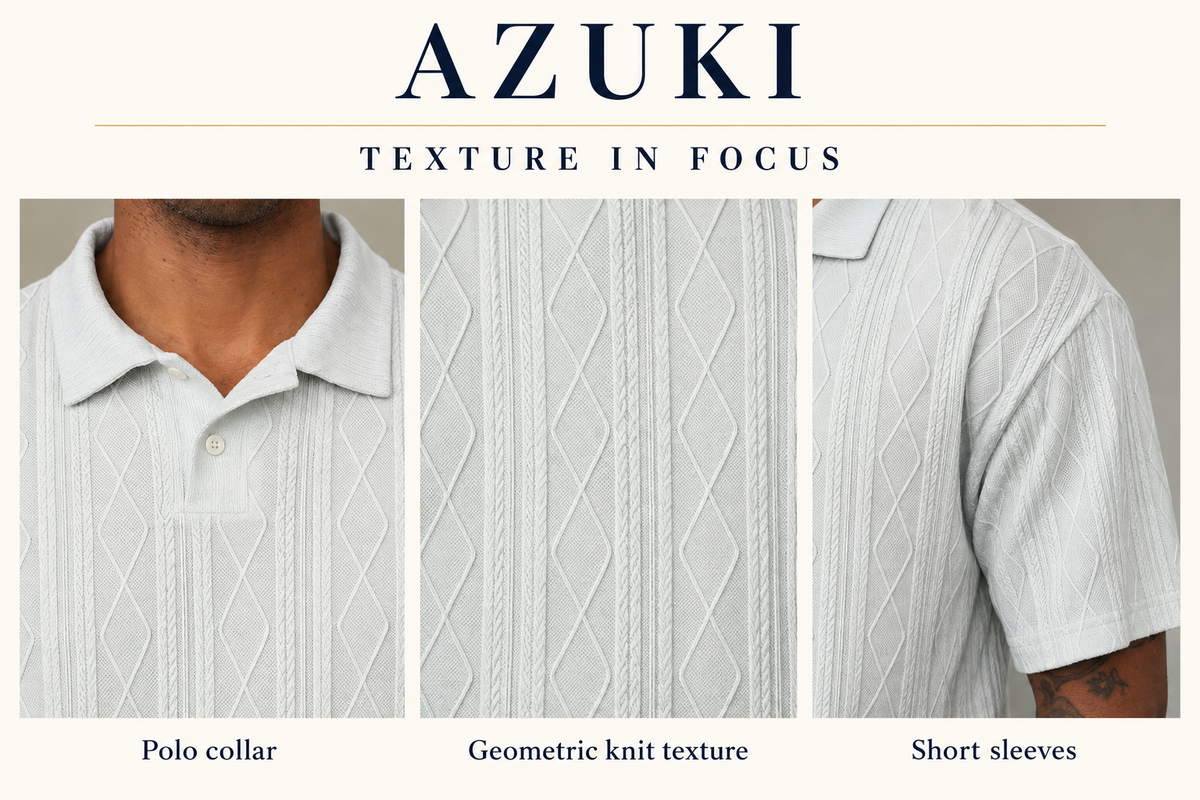 AZUKI Men's Textured Knit Polo design detail close-ups