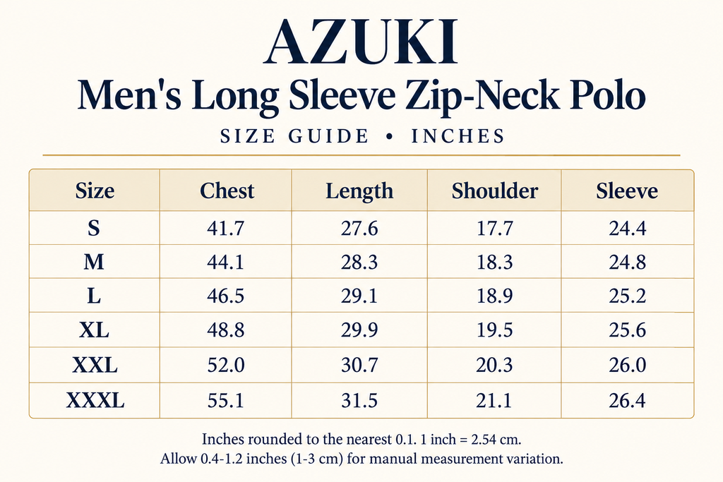 AZUKI Men's Long Sleeve Zip-Neck Polo English size guide in inches