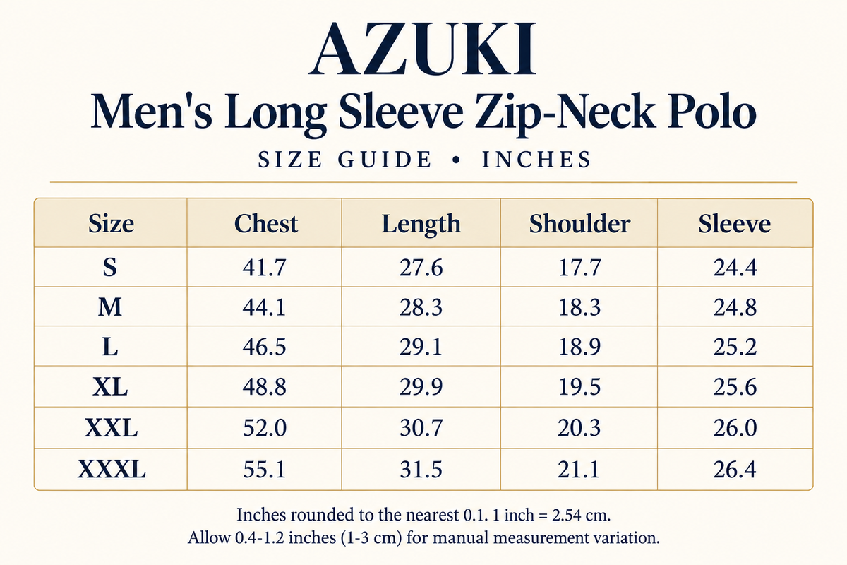 AZUKI Men's Long Sleeve Zip-Neck Polo English size guide in inches