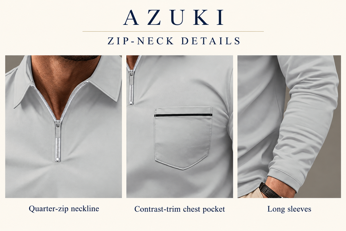 AZUKI Men's Long Sleeve Zip-Neck Polo design detail close-ups