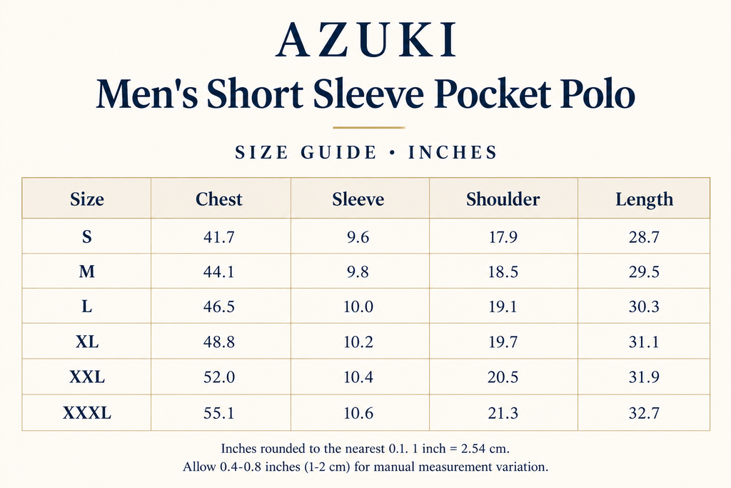 AZUKI Men's Short Sleeve Pocket Polo English size guide in inches