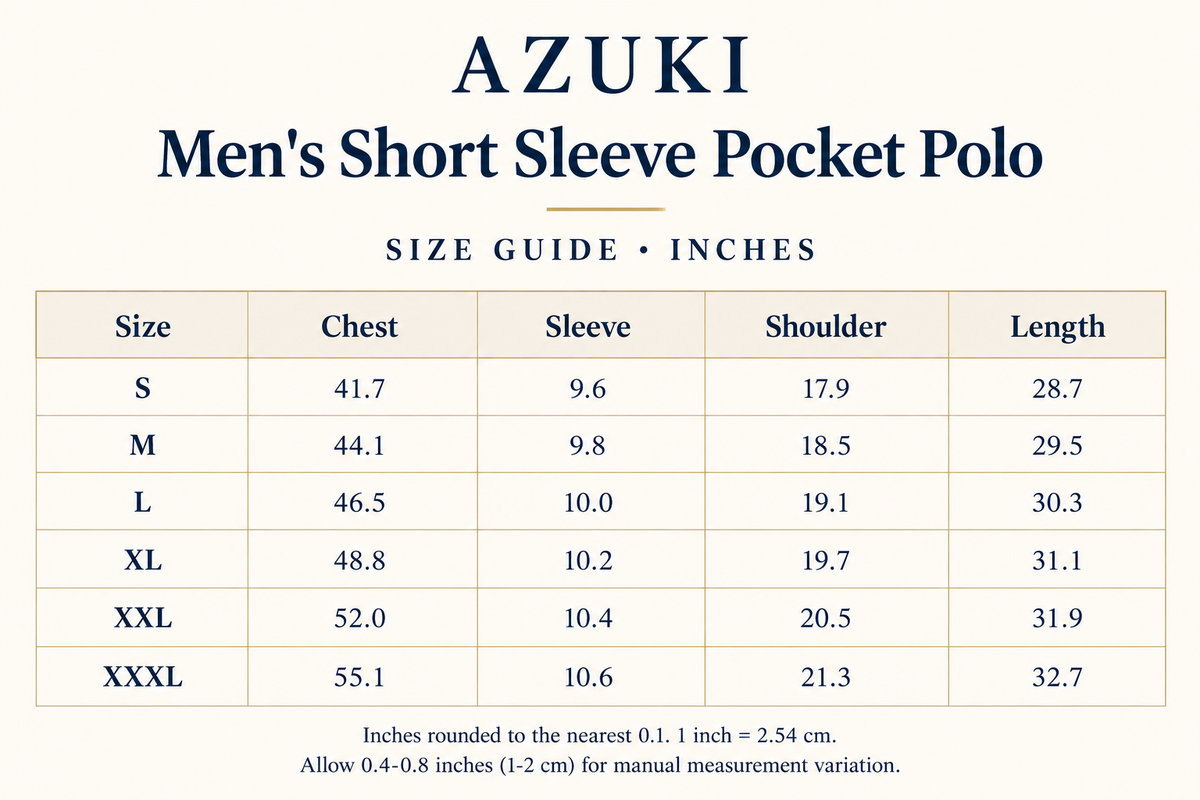 AZUKI Men's Short Sleeve Pocket Polo English size guide in inches