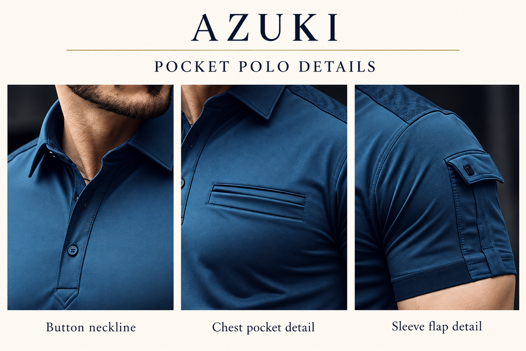 AZUKI Men's Short Sleeve Pocket Polo design detail close-ups