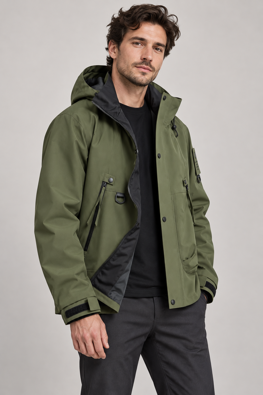 AZUKI hooded utility jacket, olive model