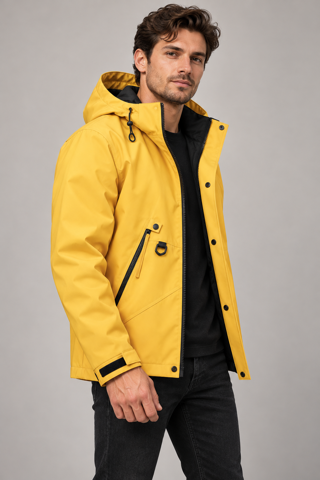 AZUKI hooded utility jacket, yellow model