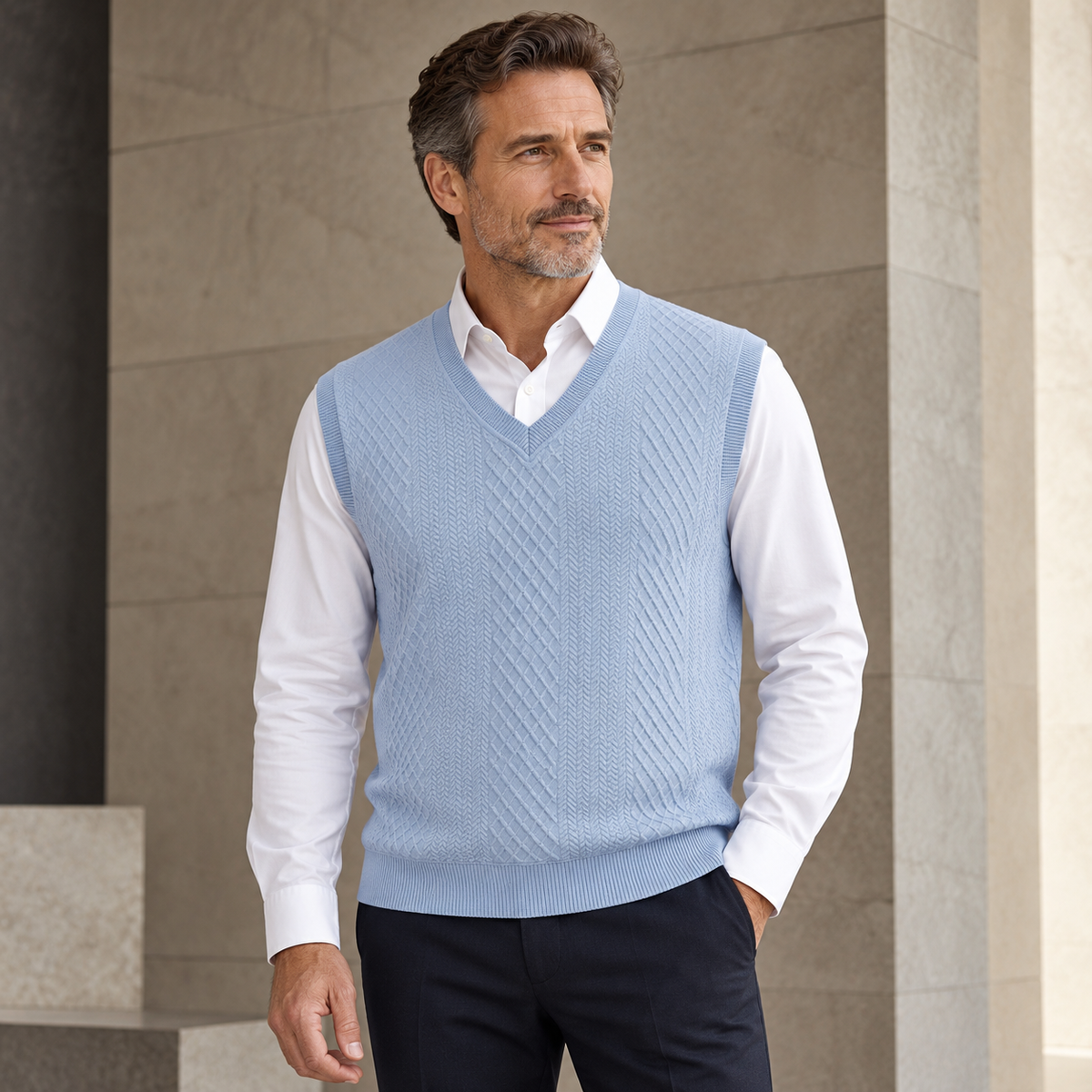 AZUKI Light Blue V-neck jacquard sweater vest styled with a white shirt