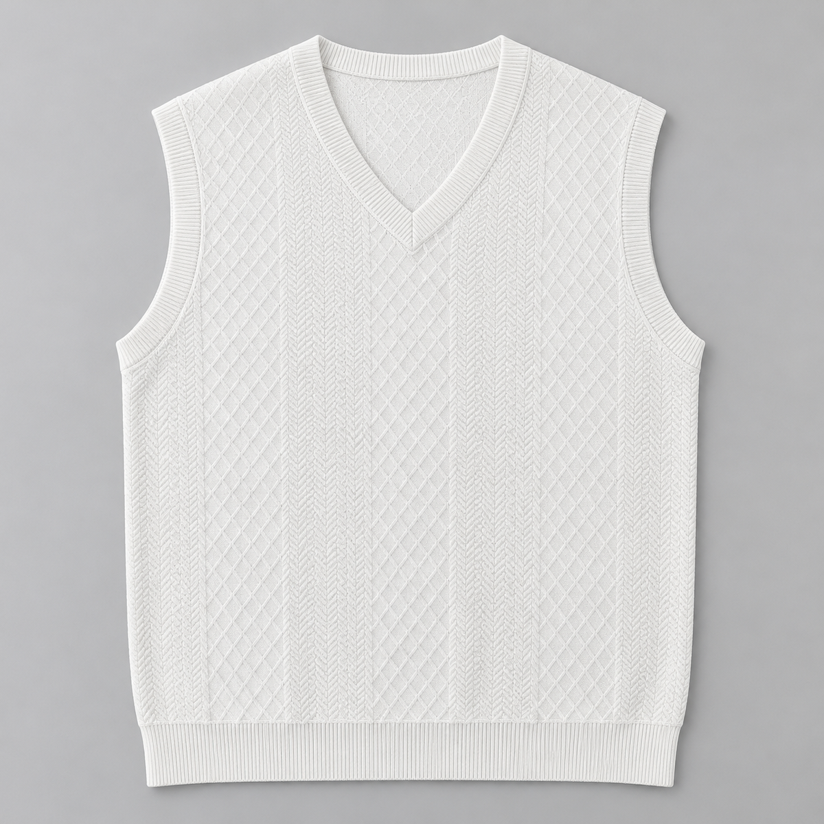 AZUKI White V-neck jacquard sweater vest front view