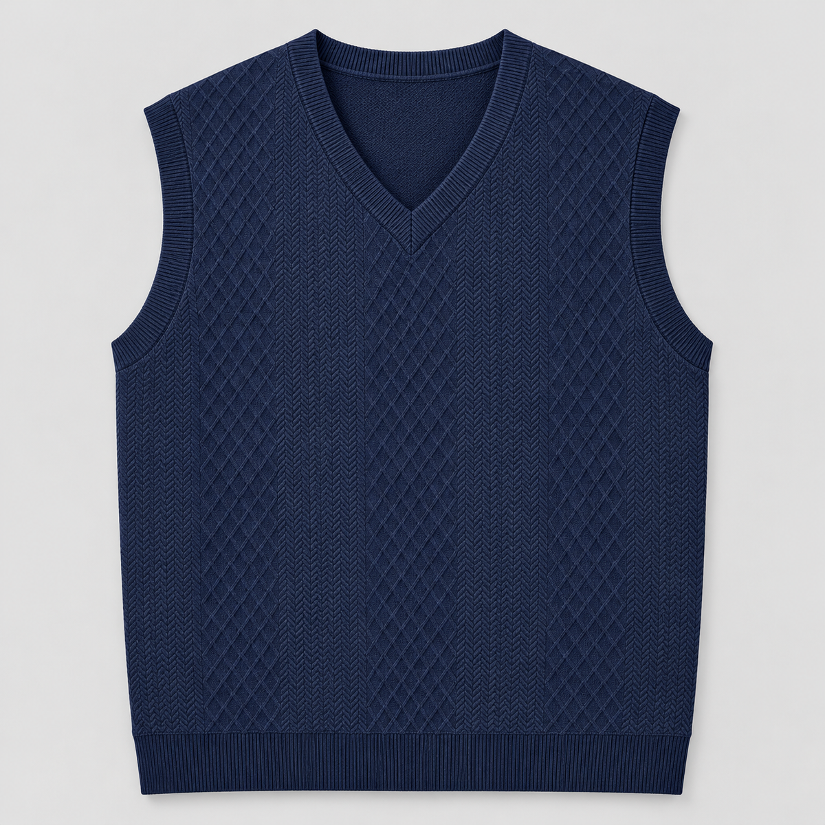 AZUKI Navy Blue V-neck jacquard sweater vest front view