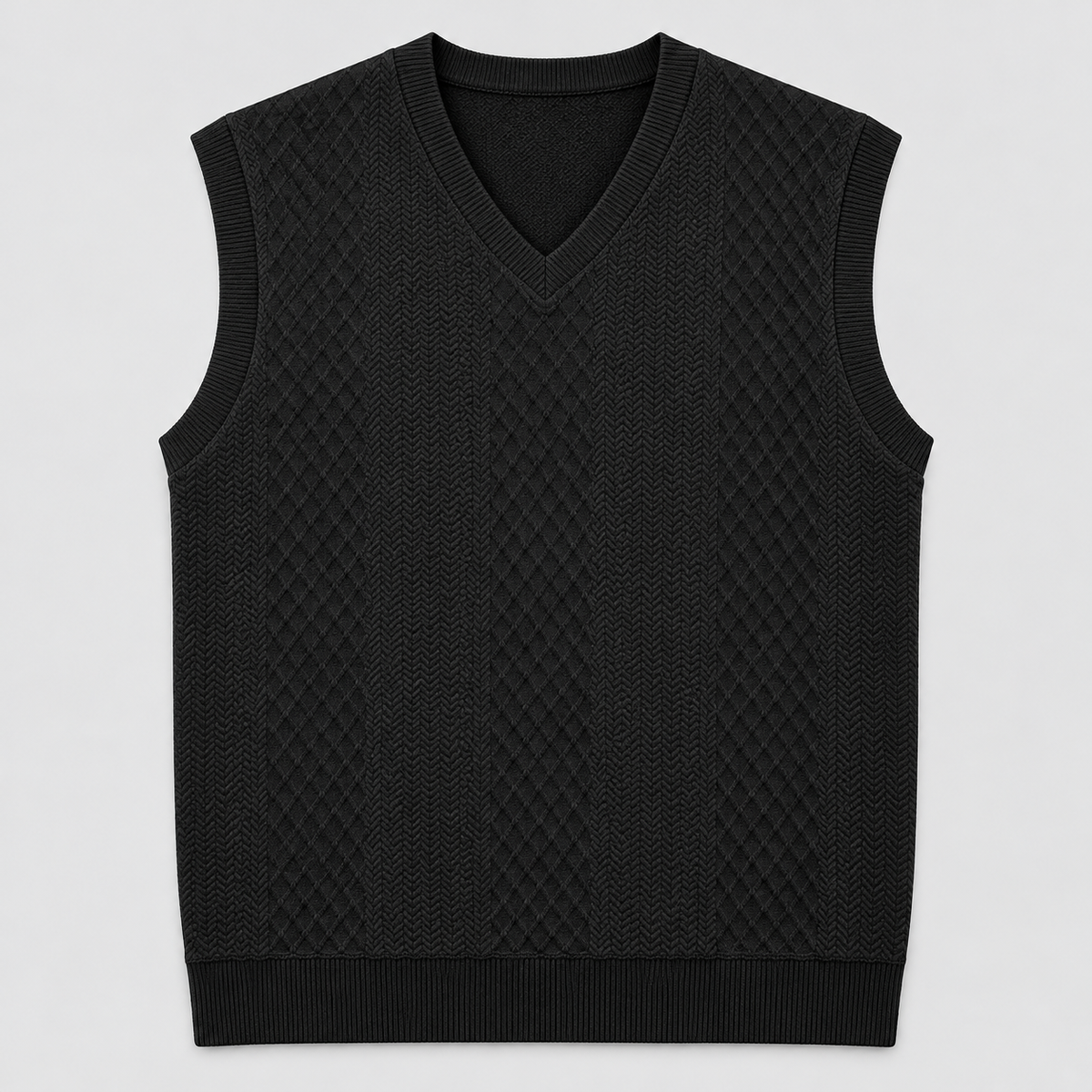AZUKI Black V-neck jacquard sweater vest front view