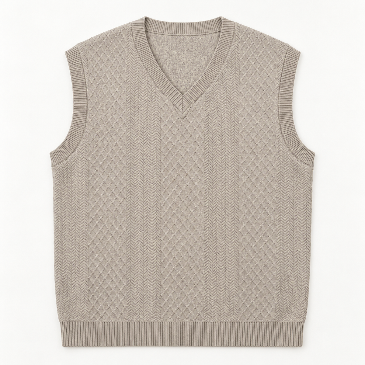 AZUKI Khaki V-neck jacquard sweater vest front view