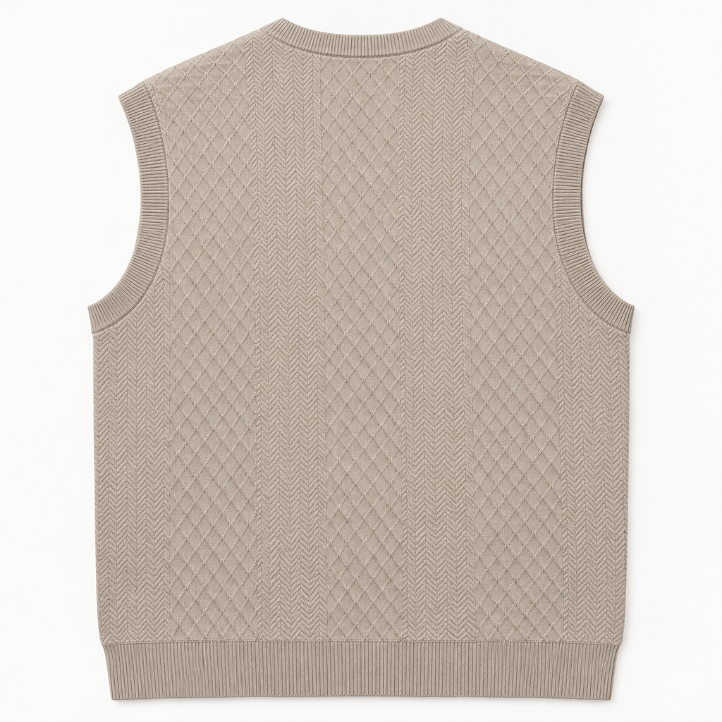 AZUKI Khaki V-neck jacquard sweater vest back view