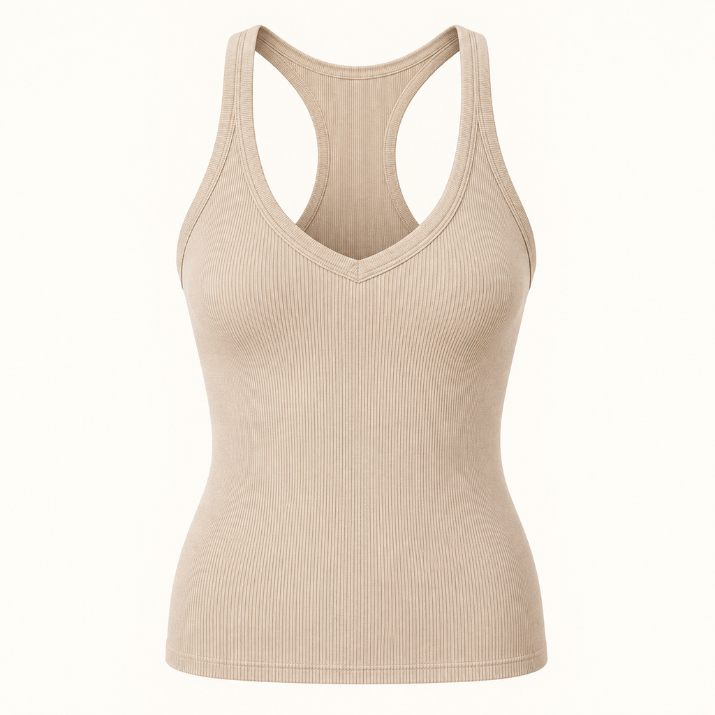 Beige ribbed V-neck racerback tank top, front view