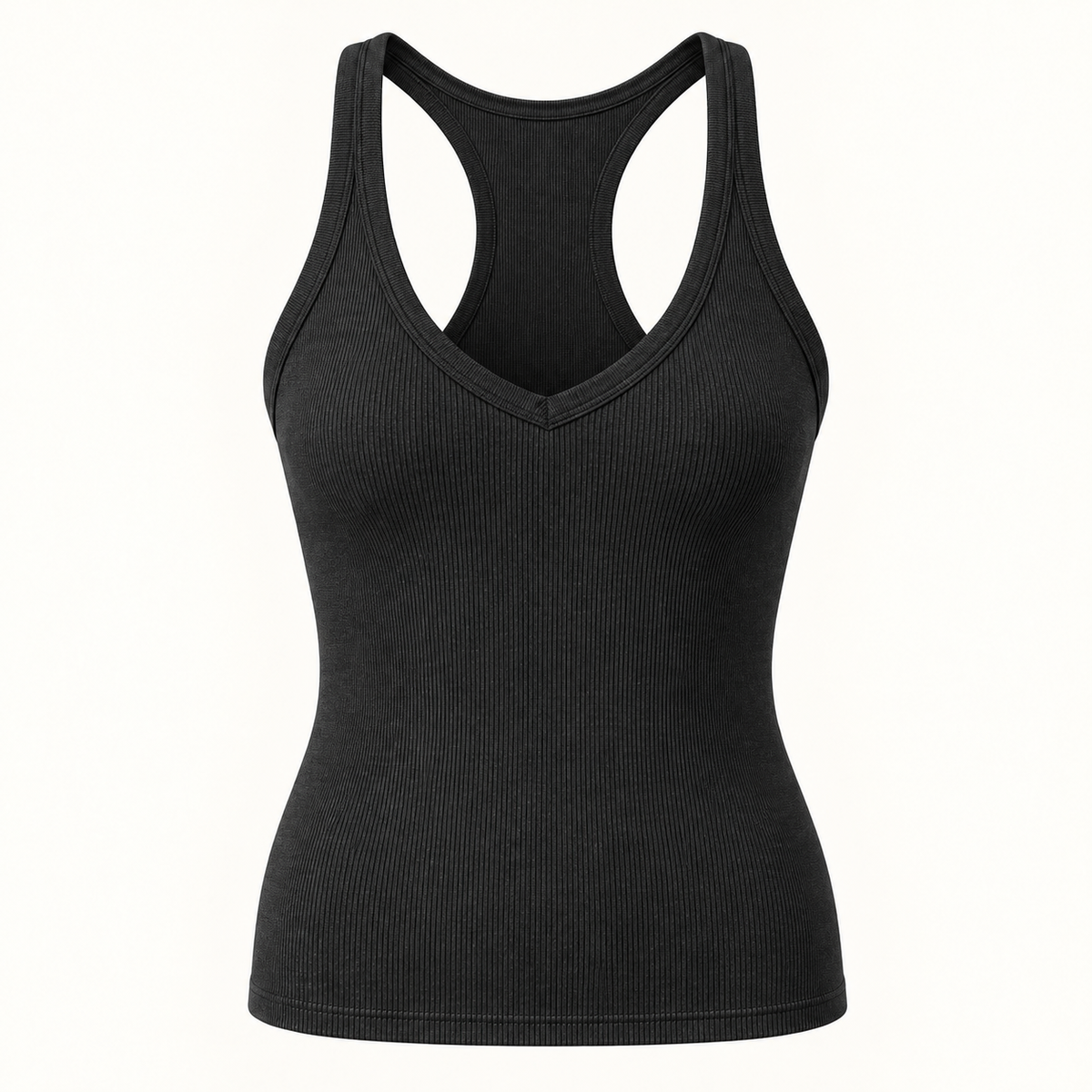 Black ribbed V-neck racerback tank top, front view
