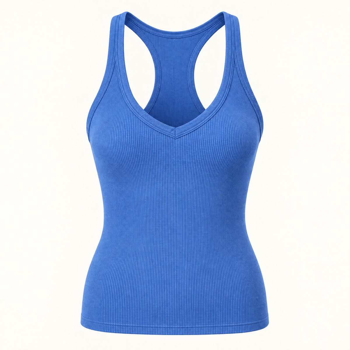 Blue ribbed V-neck racerback tank top, front view