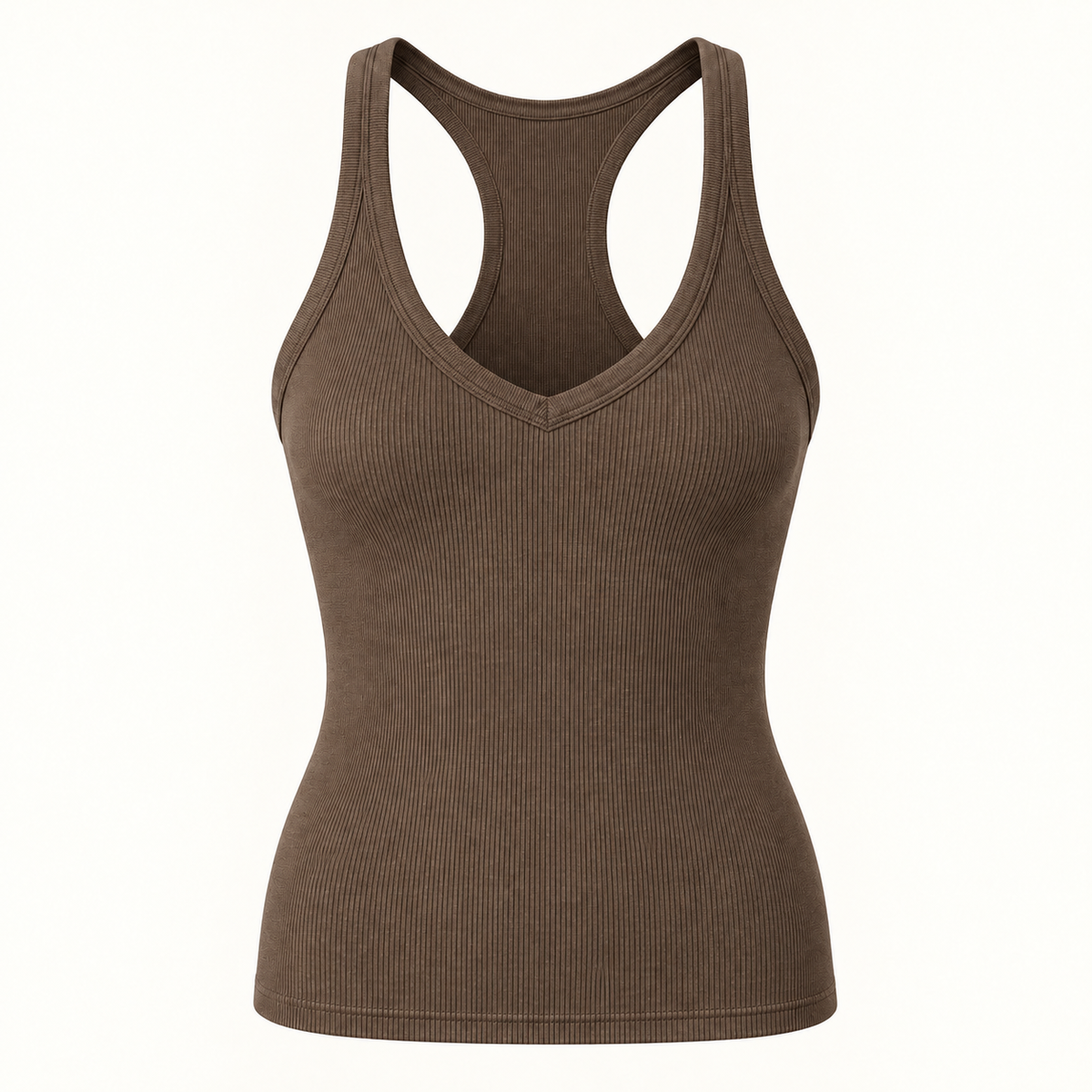 Brown ribbed V-neck racerback tank top, front view
