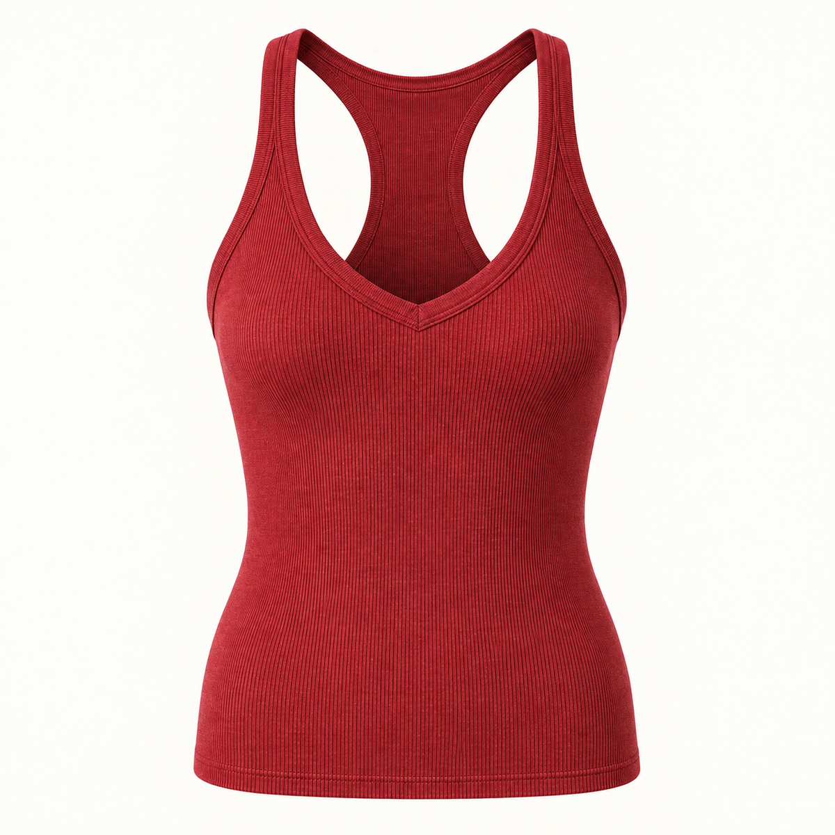 Burgundy ribbed V-neck racerback tank top, front view