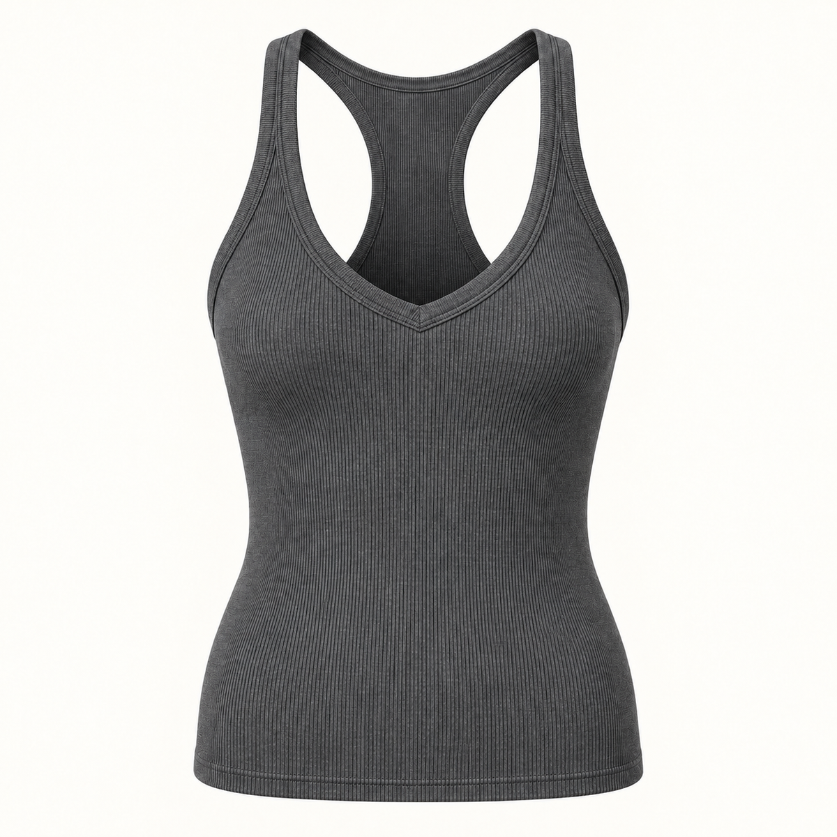Dark Gray ribbed V-neck racerback tank top, front view