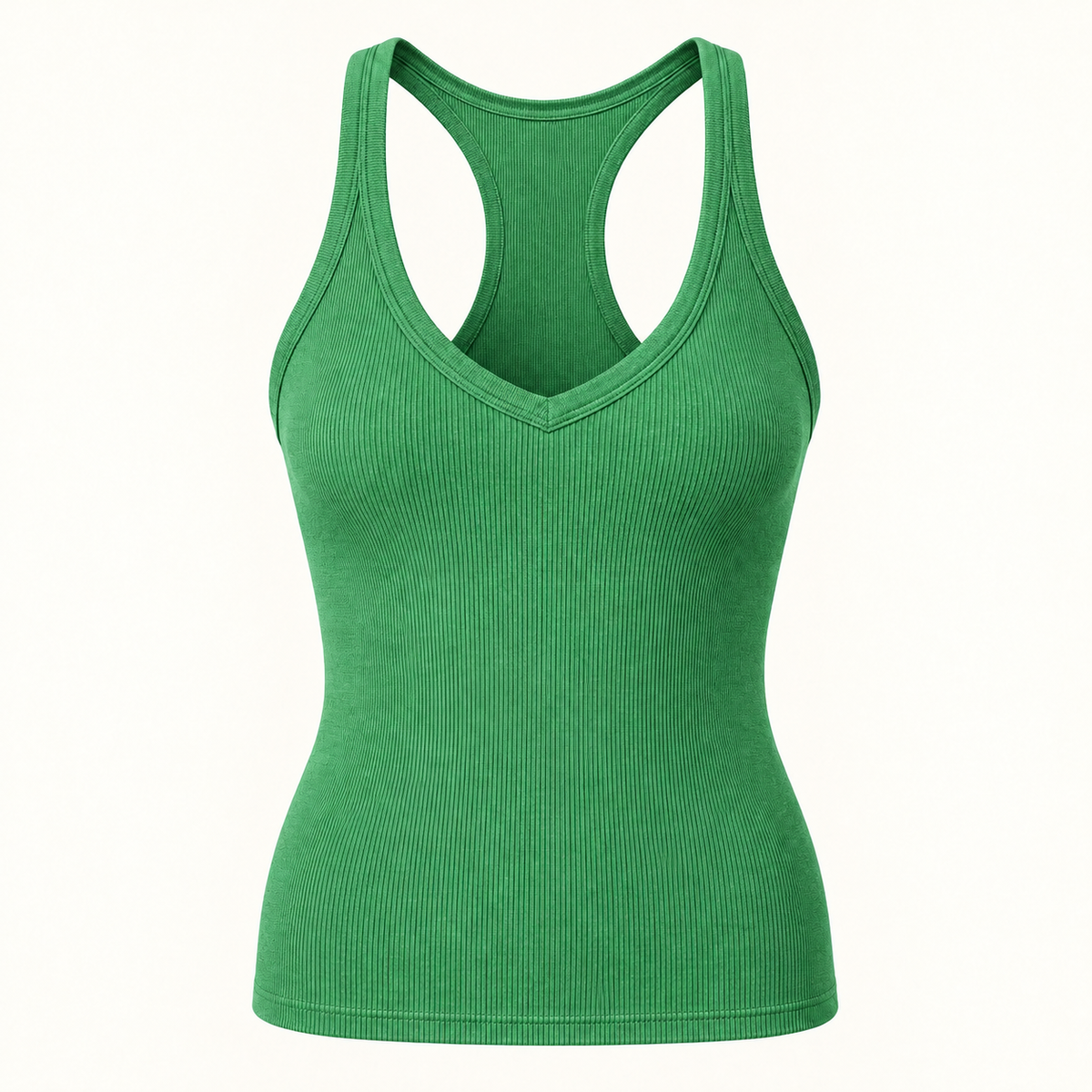 Green ribbed V-neck racerback tank top, front view