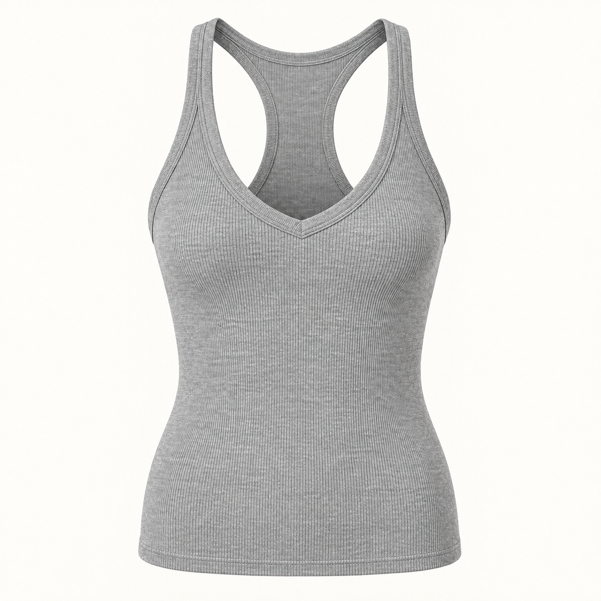 Heather Gray ribbed V-neck racerback tank top, front view