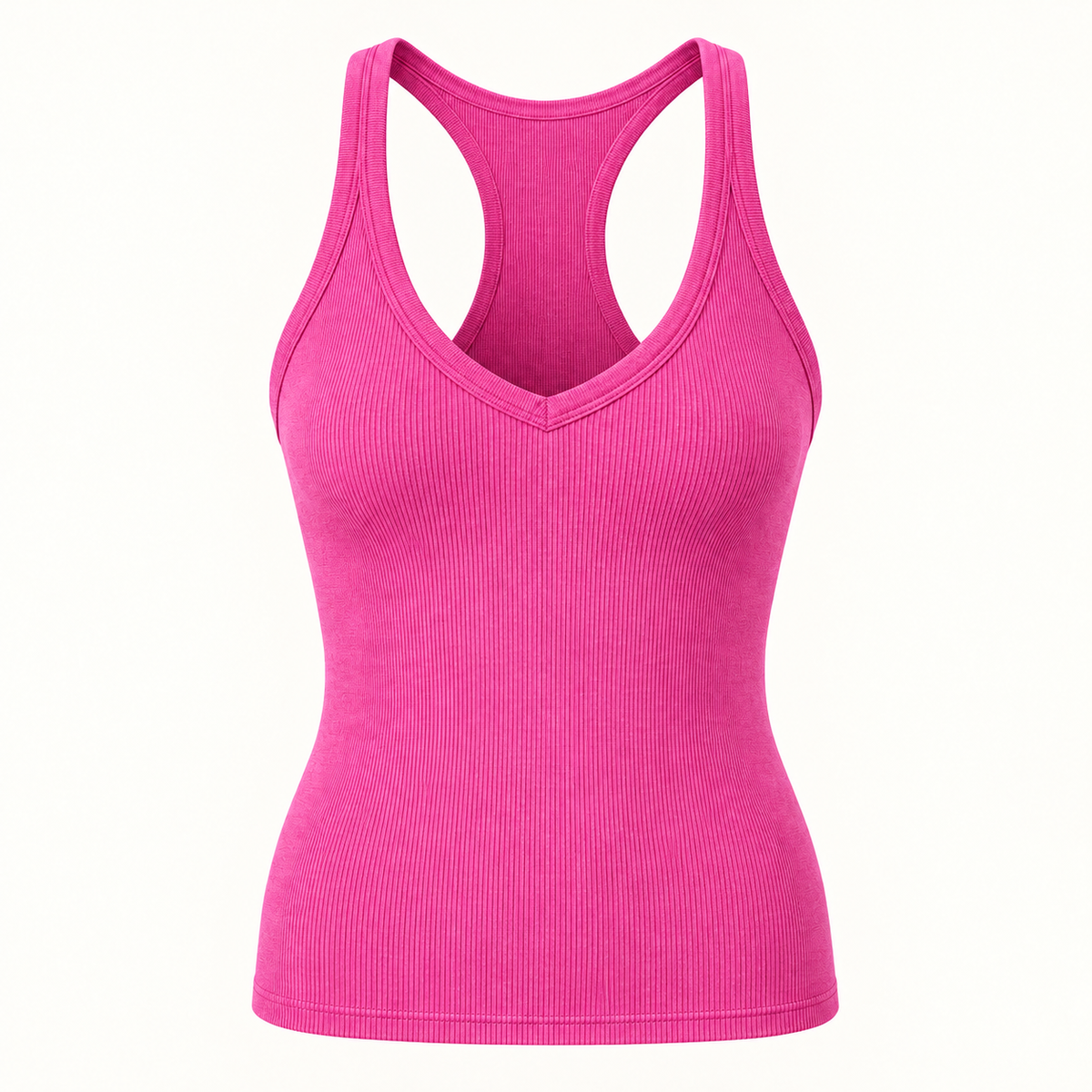 Magenta ribbed V-neck racerback tank top, front view