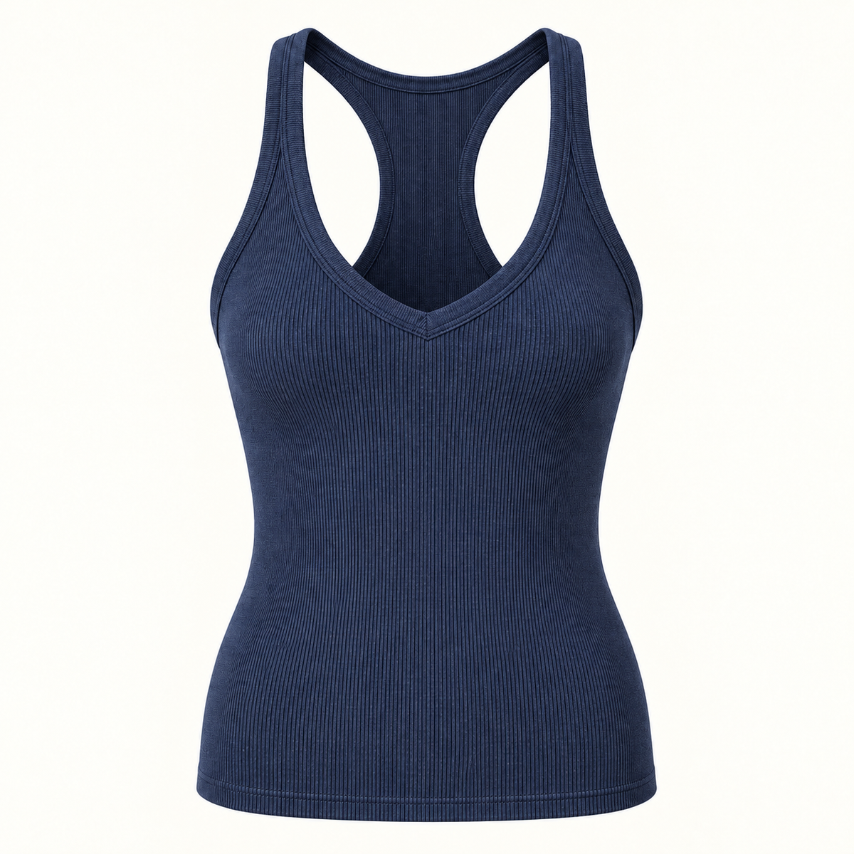 Navy ribbed V-neck racerback tank top, front view