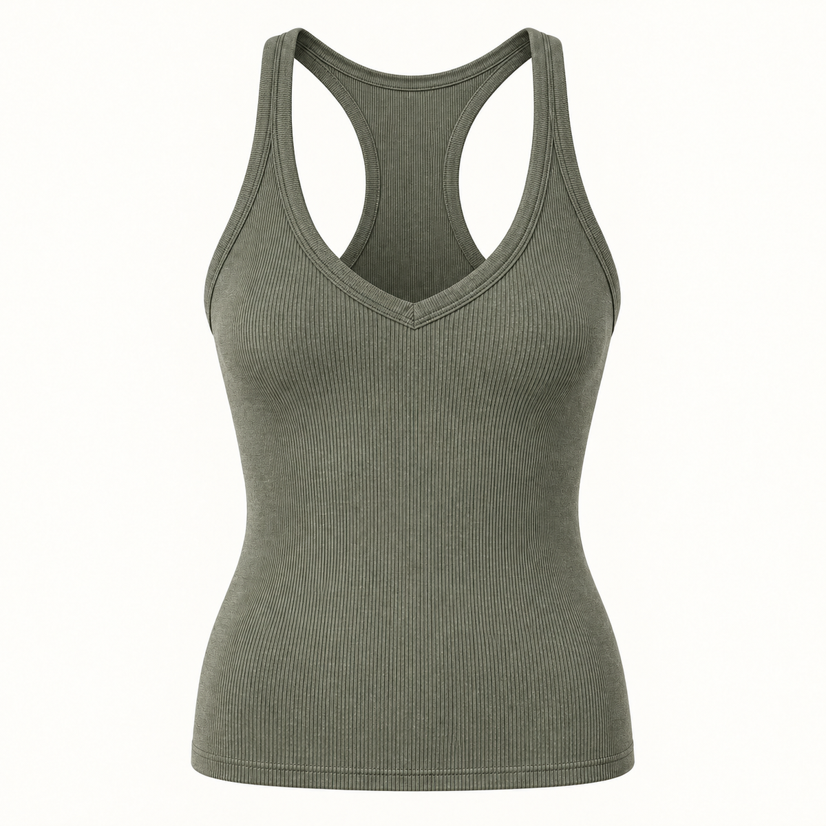 Olive Green ribbed V-neck racerback tank top, front view