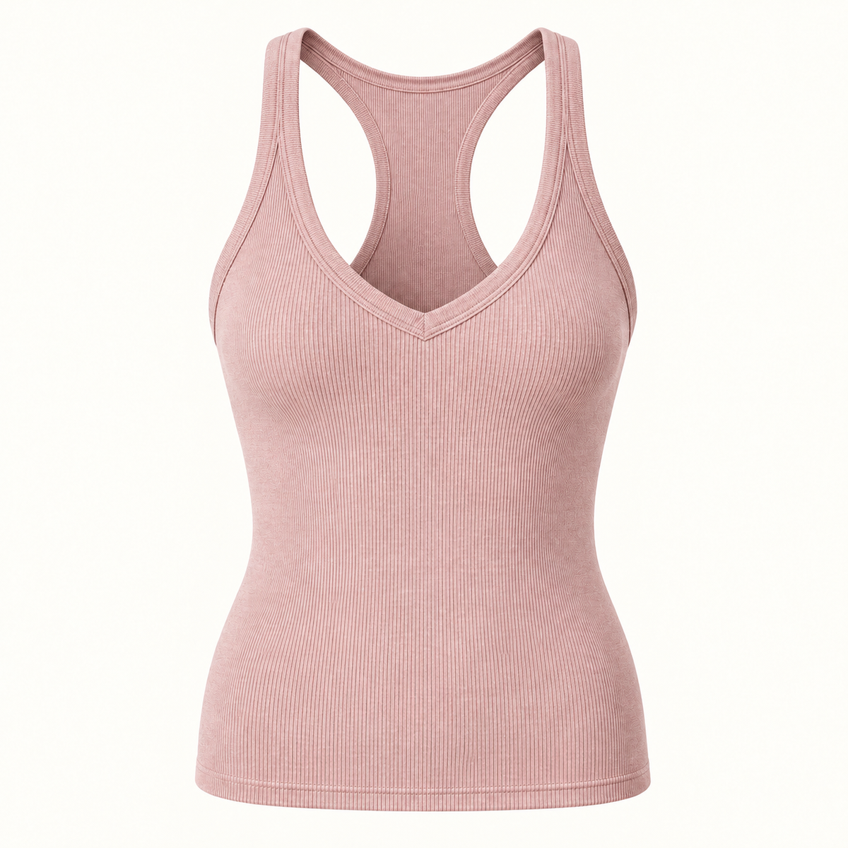 Pink ribbed V-neck racerback tank top, front view