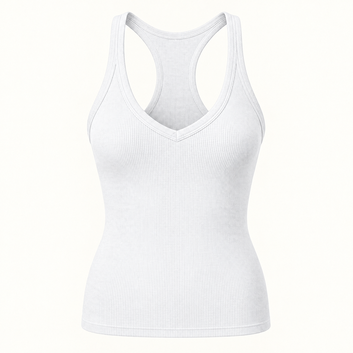 White ribbed V-neck racerback tank top, front view