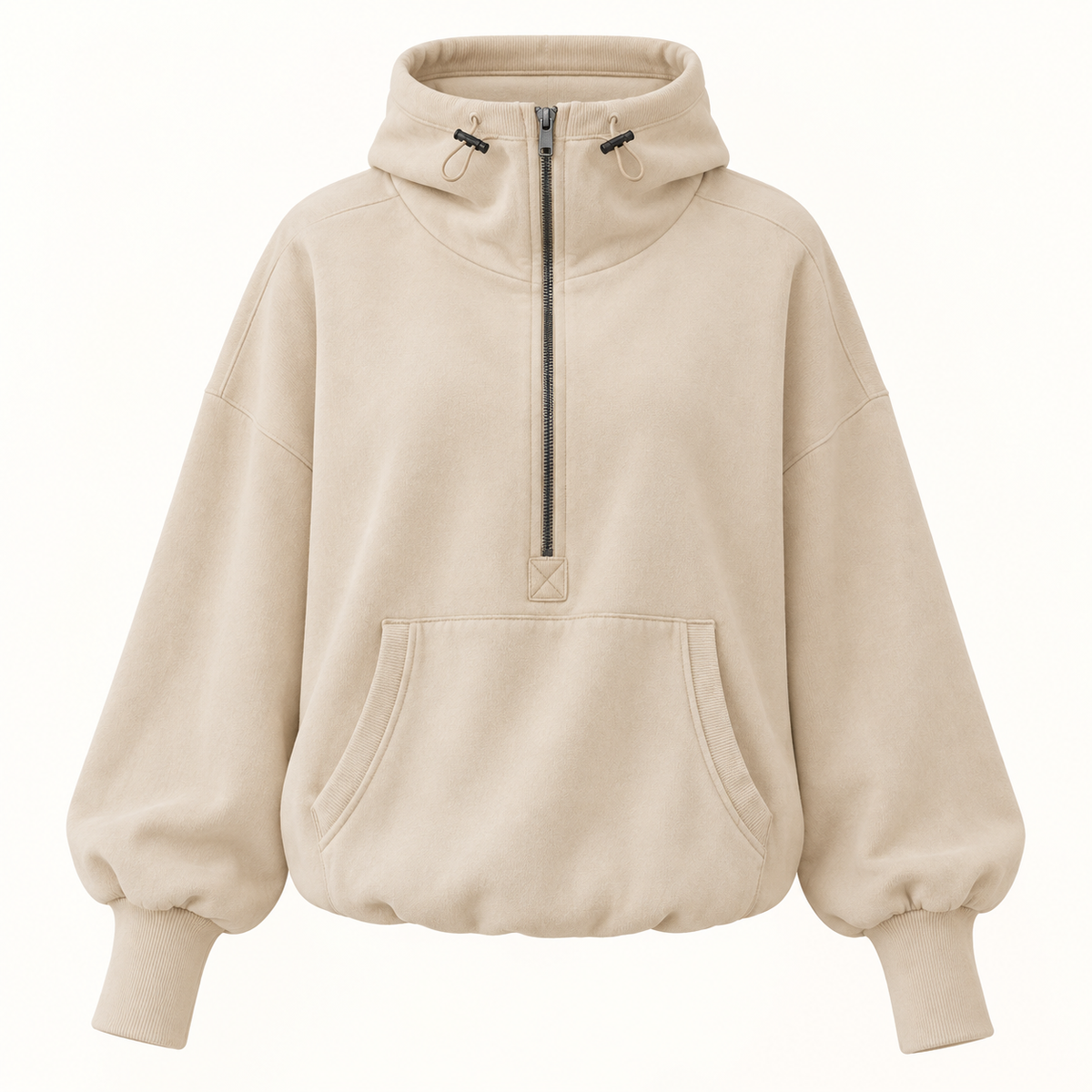 Beige relaxed half-zip pullover hoodie, front view
