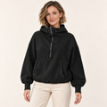 Black relaxed half-zip pullover hoodie, front view