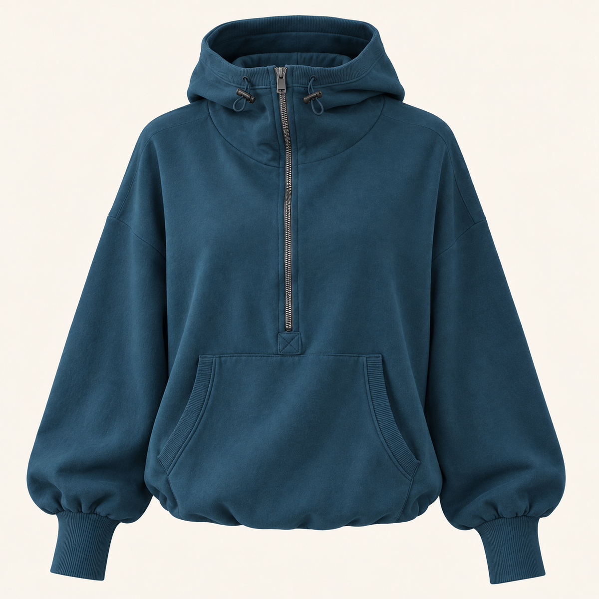Blue relaxed half-zip pullover hoodie, front view
