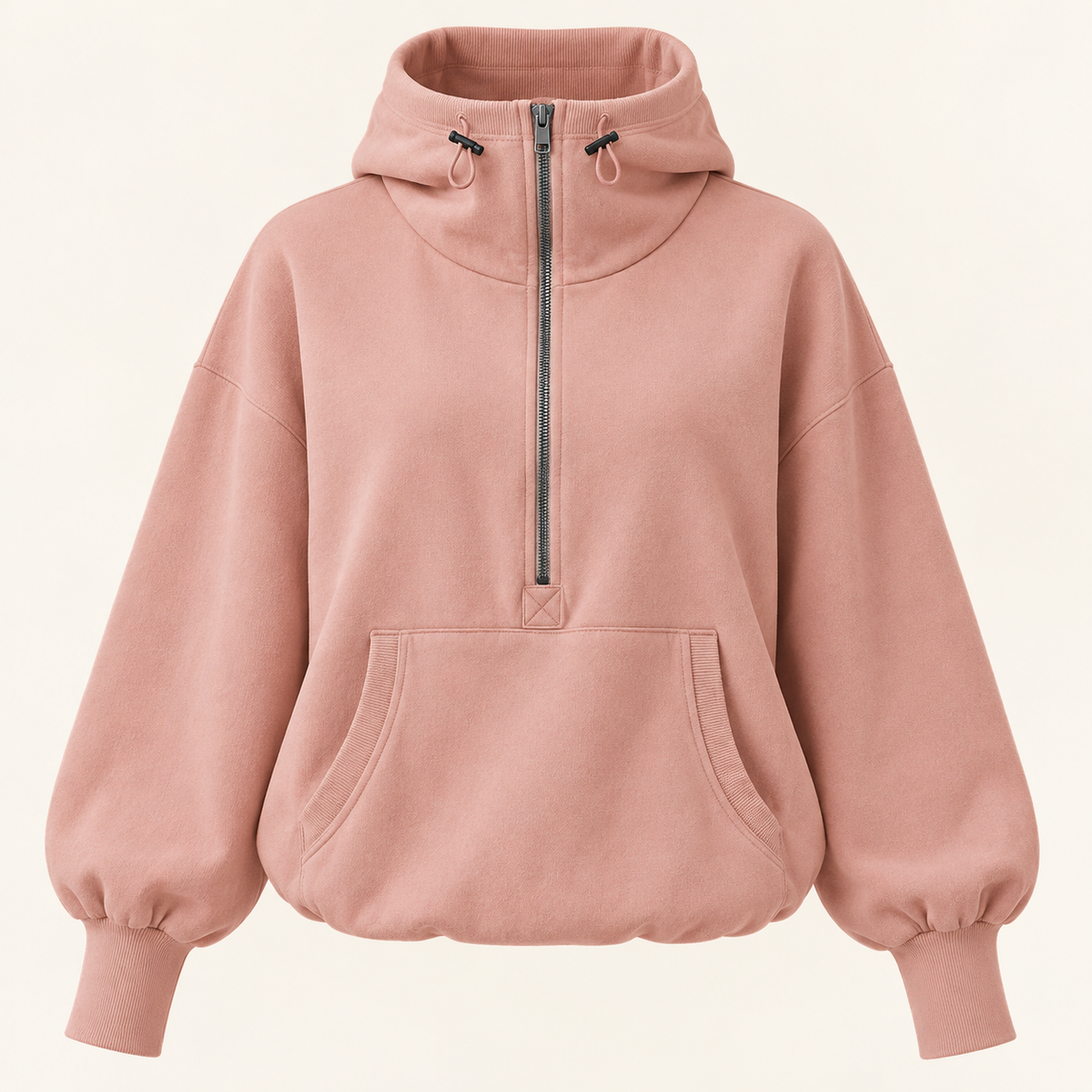 Dusty Rose relaxed half-zip pullover hoodie, front view