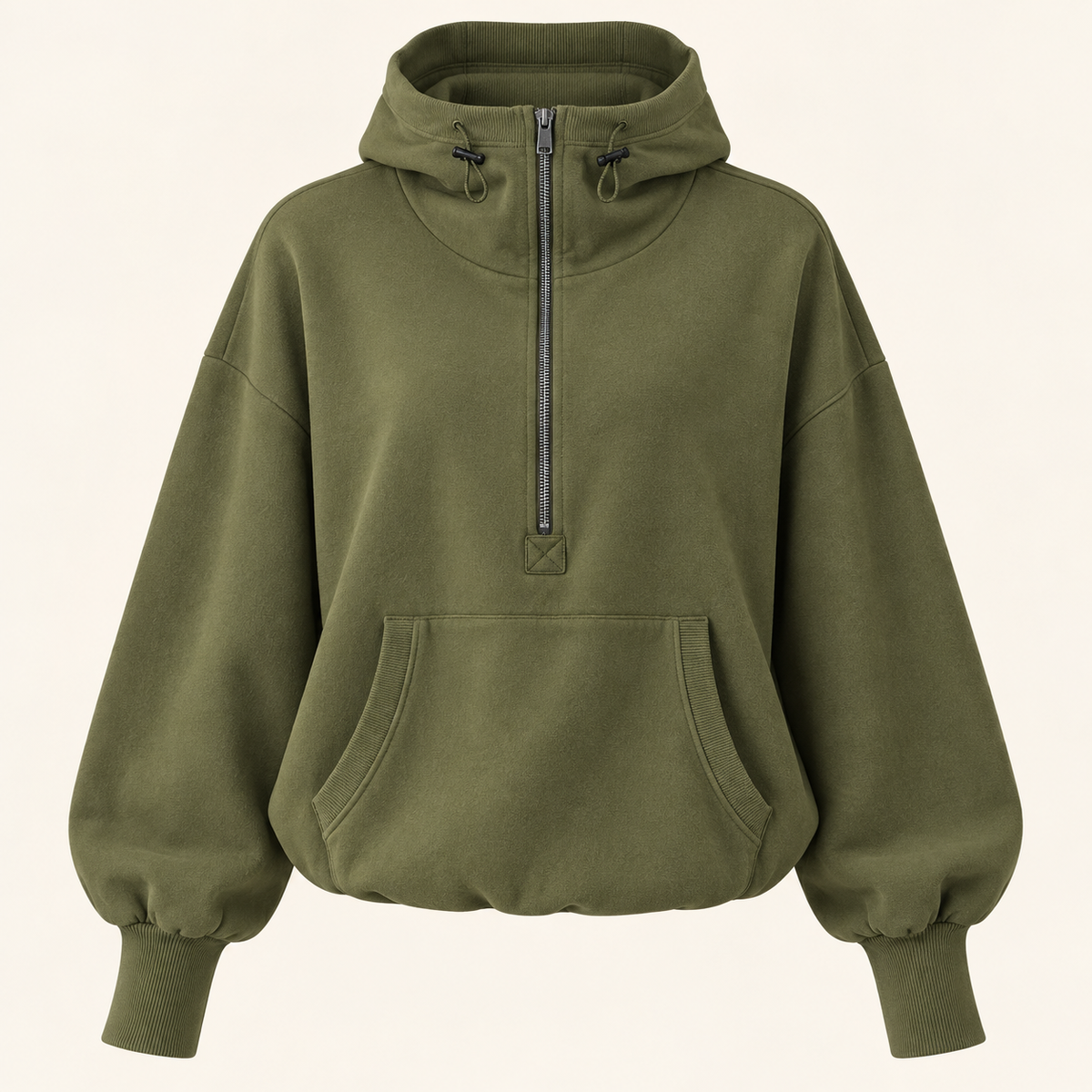 Olive Green relaxed half-zip pullover hoodie, front view