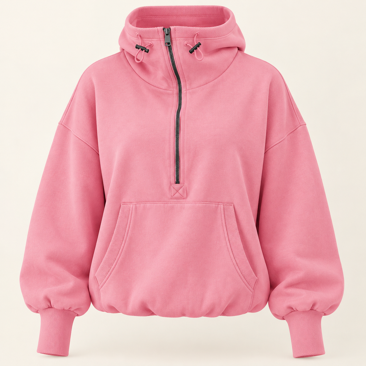 Pink relaxed half-zip pullover hoodie, front view