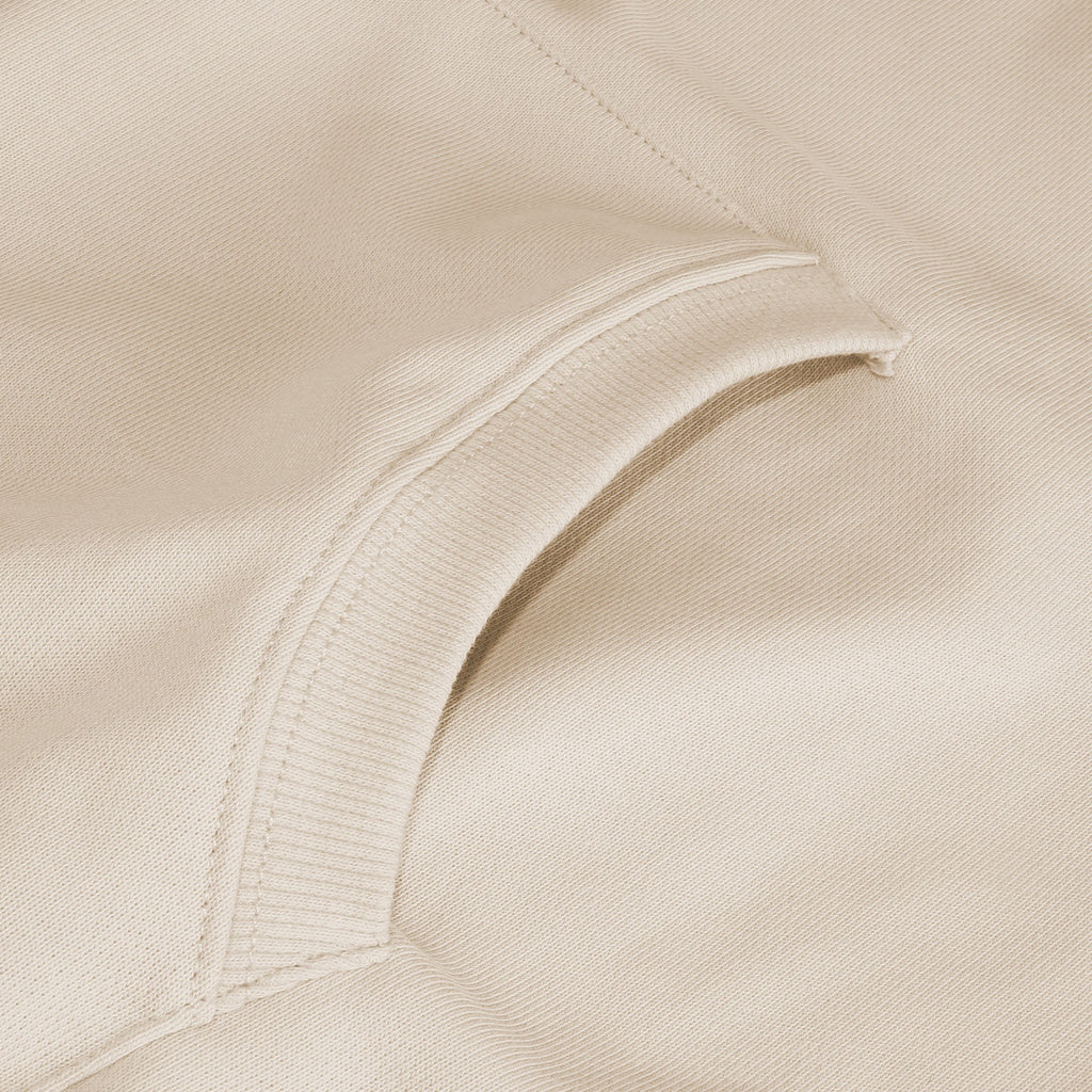 Beige pullover hoodie, kangaroo pocket opening detail
