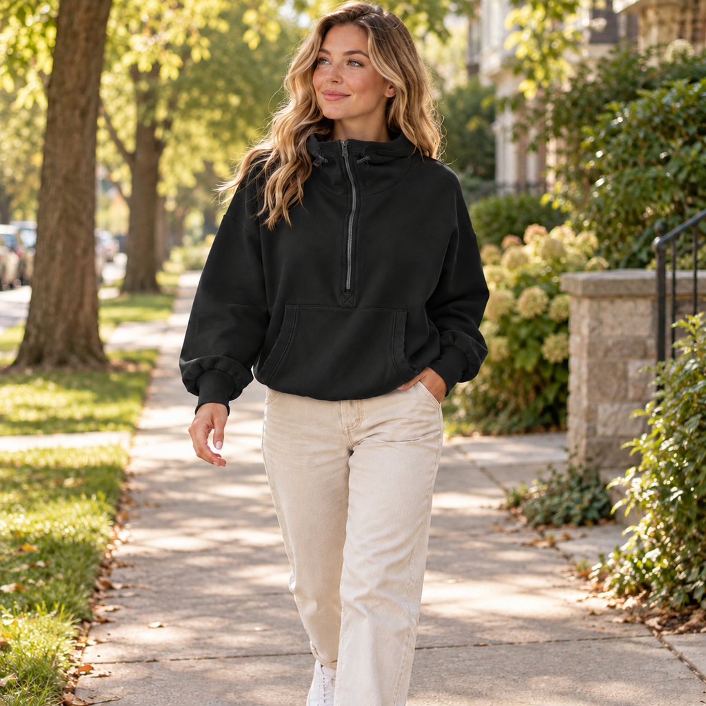 Black relaxed half-zip pullover hoodie, styled on a neighborhood walk